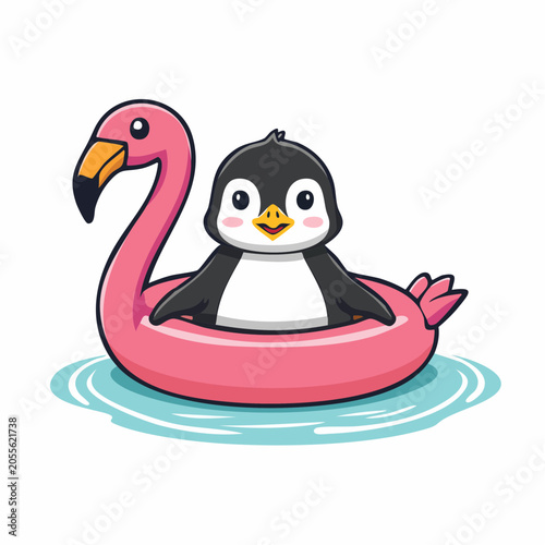 Cute Penguin Floating on Flamingo Pool Float