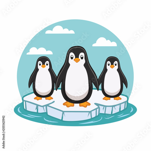 Three Cartoon Penguins on Ice Floes