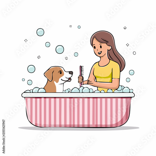 Woman grooming dog in bathtub with bubbles