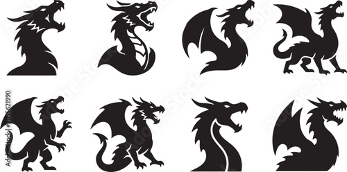 Foto Fierce fantasy dragon heads and roaring profiles silhouettes collection