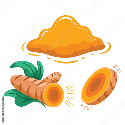 Photos Turmeric root whole and sliced with dry turmeric powder heap