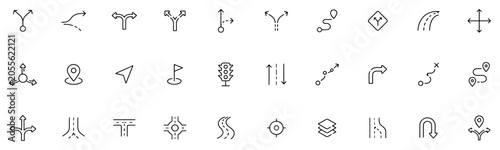 Foto Line style navigation, direction, and map icons set with arrows, routes, locatio