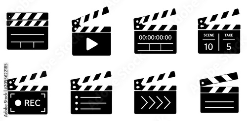Schilderij op canvas Set of eight black movie clapperboard icons in various styles and with different