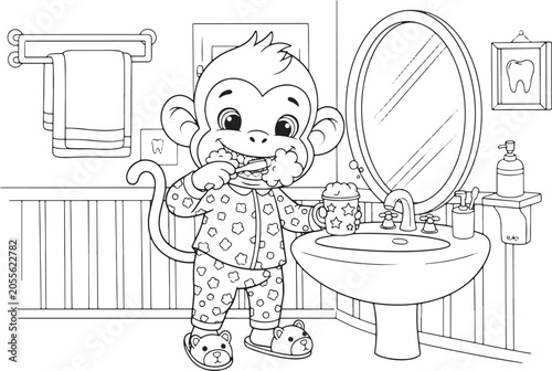 Photography Cute cartoon monkey brushing teeth in the bathroom for a coloring page