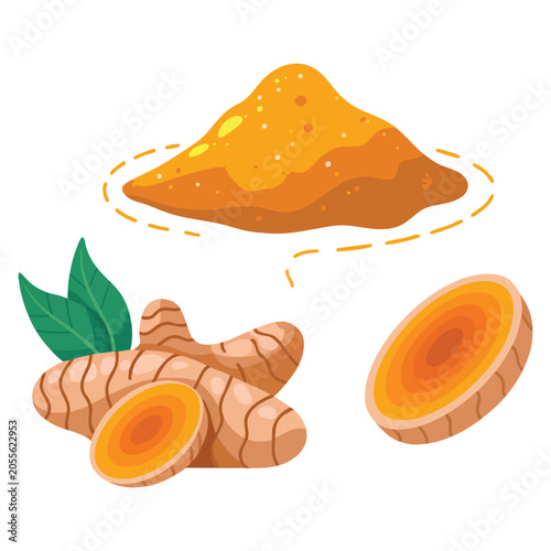 Tablou pe pânză Vector cartoon flat illustration of turmeric powder heap and turmeric root isolated on white