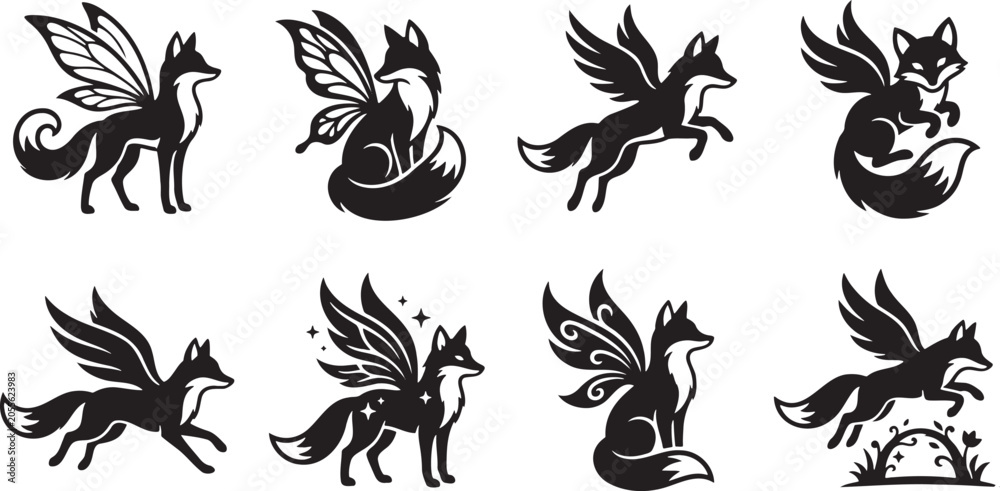 Fototapeta premium Winged fairy foxes and mythical flying kitsune silhouettes set
