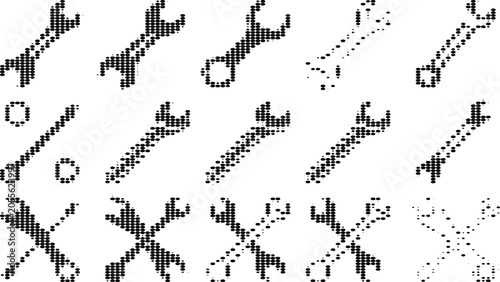 Schilderij op canvas Halftone wrench and spanner tool set icons in black ink dot pattern style for repair and engineering industrial concept