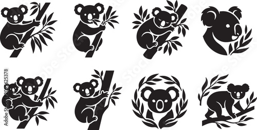 Fotografía Black silhouette collection of koala bears climbing tree branches with leaves in