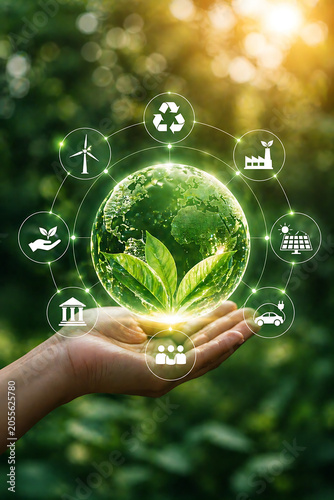 Sustainable Earth Concept Held In Human Hands Featuring Renewable Energy Circular Economy Environmental Responsibility And Green Technology Innovation