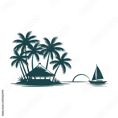 Bild auf Leinwand Tropical island silhouette with palm trees thatched hut and sailboat