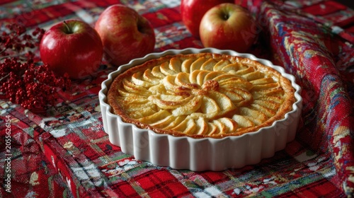 pie apple homemade in tray on tablecloth red-white scotch pattern
