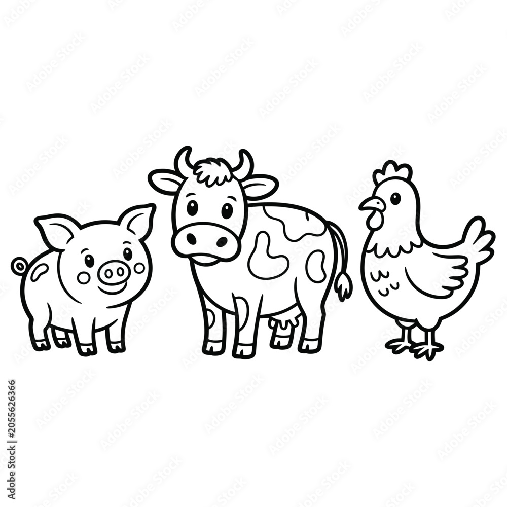 Obraz premium Farm animals illustration black and white line drawing on white background