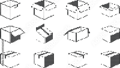 Fényképezés Animation of filling box shapes with black dots, showing progressive fill from outline to solid three dimensional form