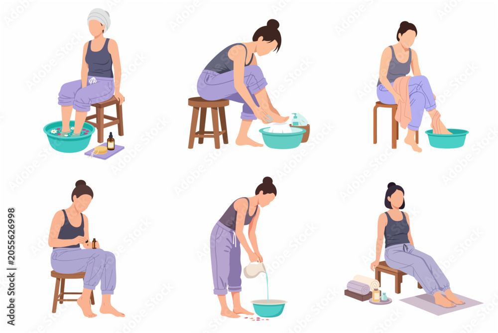 Fototapeta premium Woman Doing Foot Spa and Pedicure at Home Treatment Routine Flat Vector Illustration Set