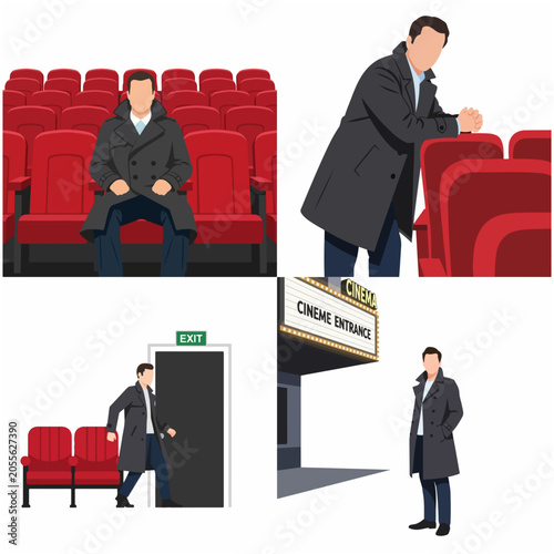 Schilderij op canvas Set of flat vector illustrations featuring a man in a trench coat at a cinema, including sitting in the theater, leaving through the exit, and standing at the entrance