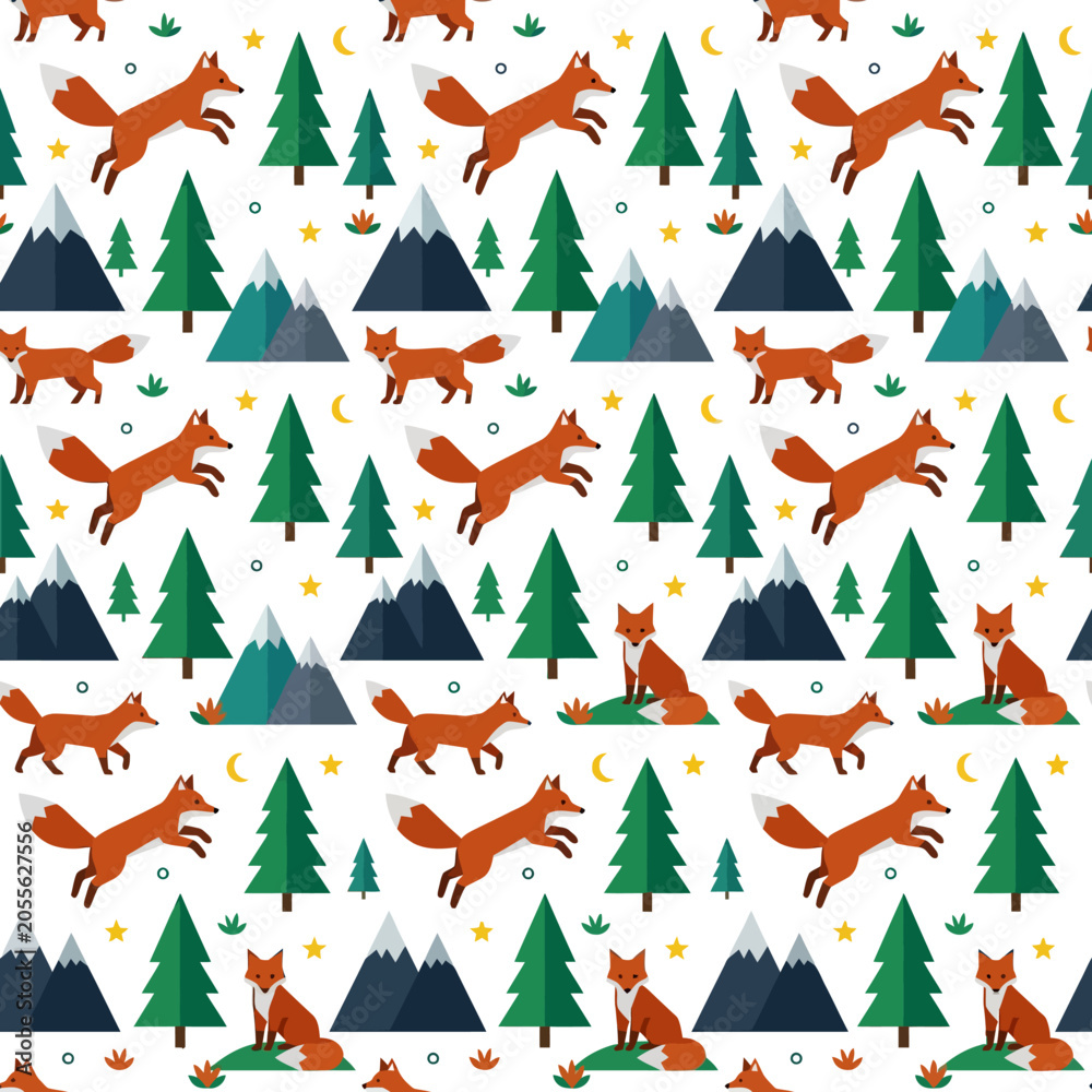 Obraz premium Playful fox pattern with trees and mountains, flat design graphic element