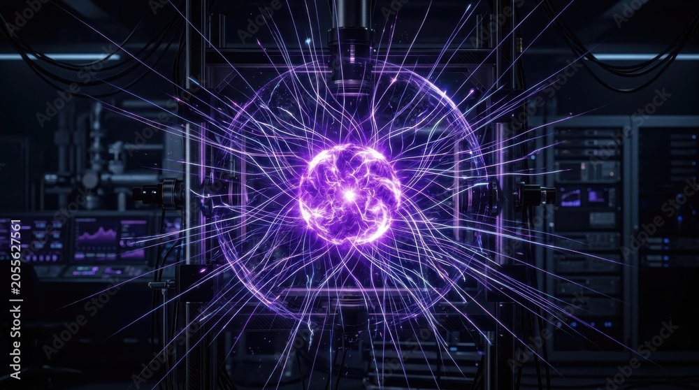 Fototapeta premium Purple energy node with radiating lines in a dark space for professional digital technology and science themes. This high-tech
