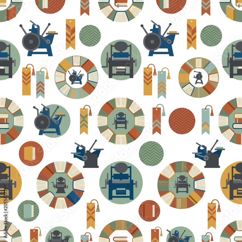 Fotografija Vintage printing press and books seamless pattern, graphic element