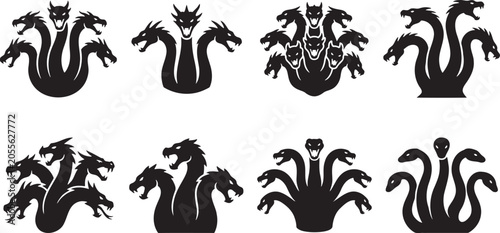 Photos Black silhouette collection of fearsome mythical multi headed hydras and dragons