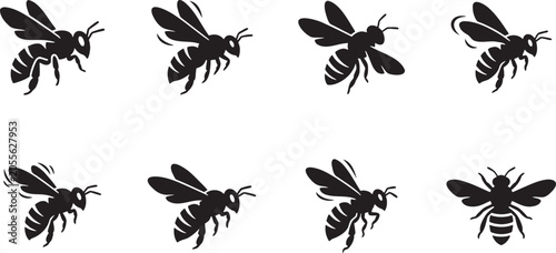 Fotografie Black silhouette collection of honeybees and wasps flying and hovering from vari