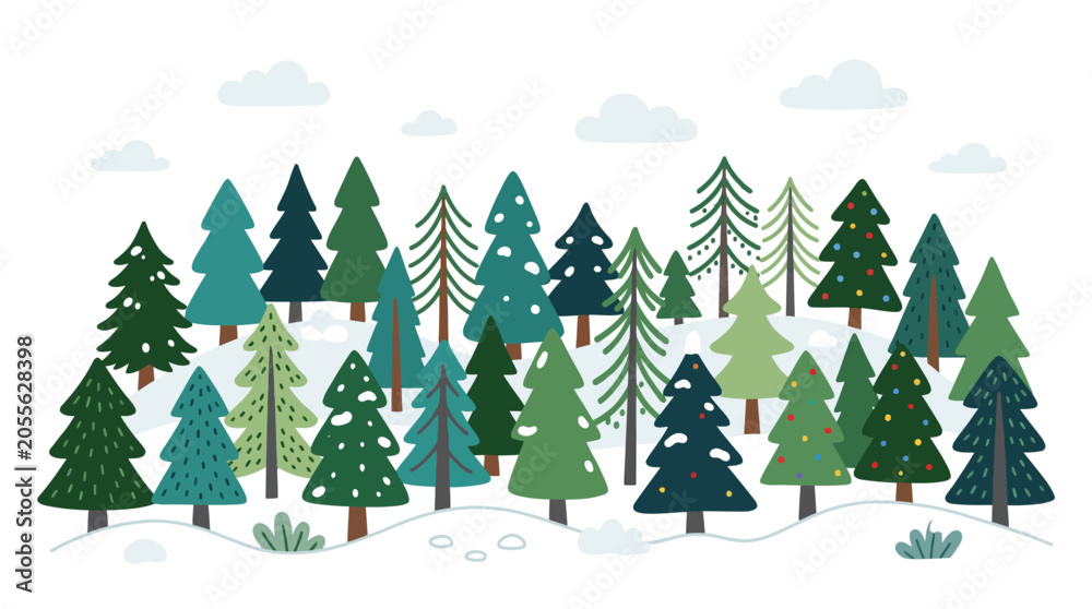 Fototapeta premium Flat illustration of a snowy evergreen pine forest.