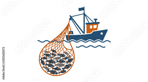 Tableau sur toile Fishing trawler boat hauling a large net of fish.