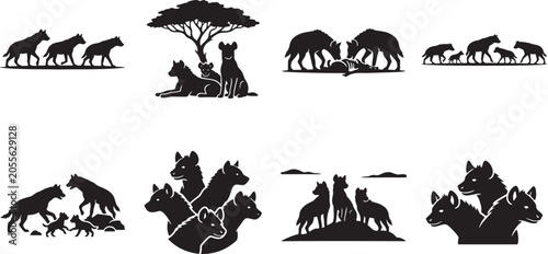 Photography Black silhouette collection of hyena packs in the african safari savanna hunting
