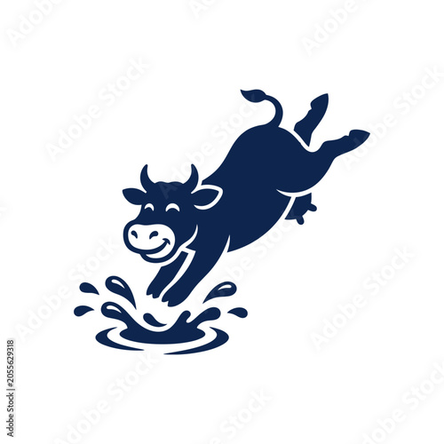 Photos Playful cow character jumping into a water splash.