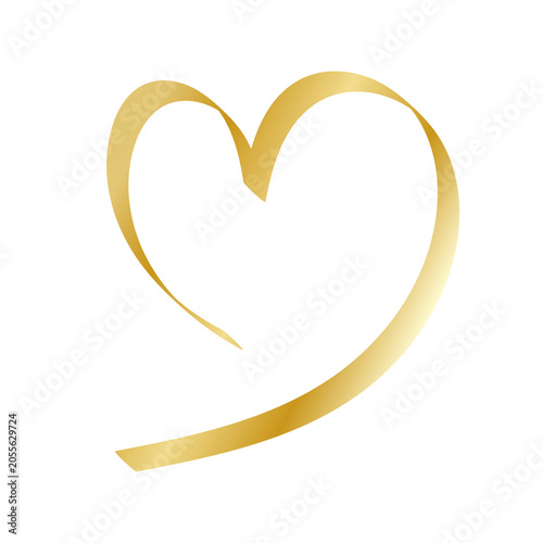 Elegant gold ribbon heart outline, luxury metallic brush stroke love symbol on a transparent background