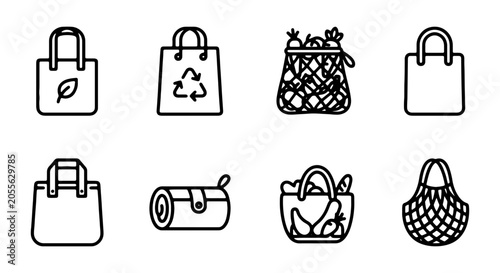 Photos Eco-Friendly Shopping Bags, Reusable Grocery Totes, Mesh Produce Sacks, Vector I