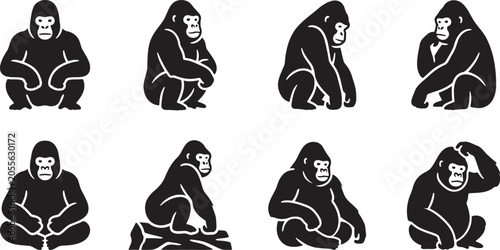 Canvas Print Black silhouette collection of wild gorillas sitting on the ground thinking and