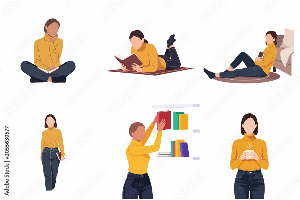 Fototapeta premium Set of flat vector illustrations of a young woman reading books, studying, and relaxing at home wearing a yellow sweater