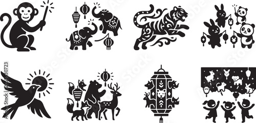 Photography Black silhouette collection of festive animals celebrating with lanterns decorat