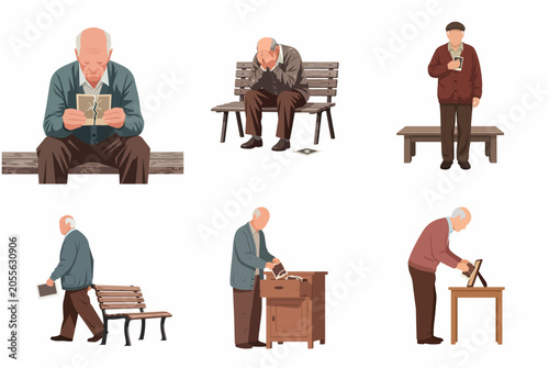Fényképezés Set of illustrations featuring an elderly man experiencing grief, loneliness, an