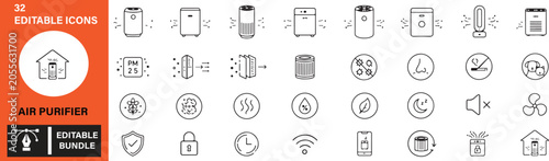 Bild auf Leinwand Set of 32 Air Purifier Vector Outline Icons – Air Filtration, HEPA Filter, Clean