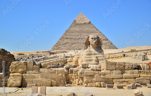 The Great Sphinx of Giza is a sphinx statue located in the Giza pyramids area in Cairo,the capital of Egypt.It is the largest single-stone statue in the world, measuring 73.5 meters long and 20 meters