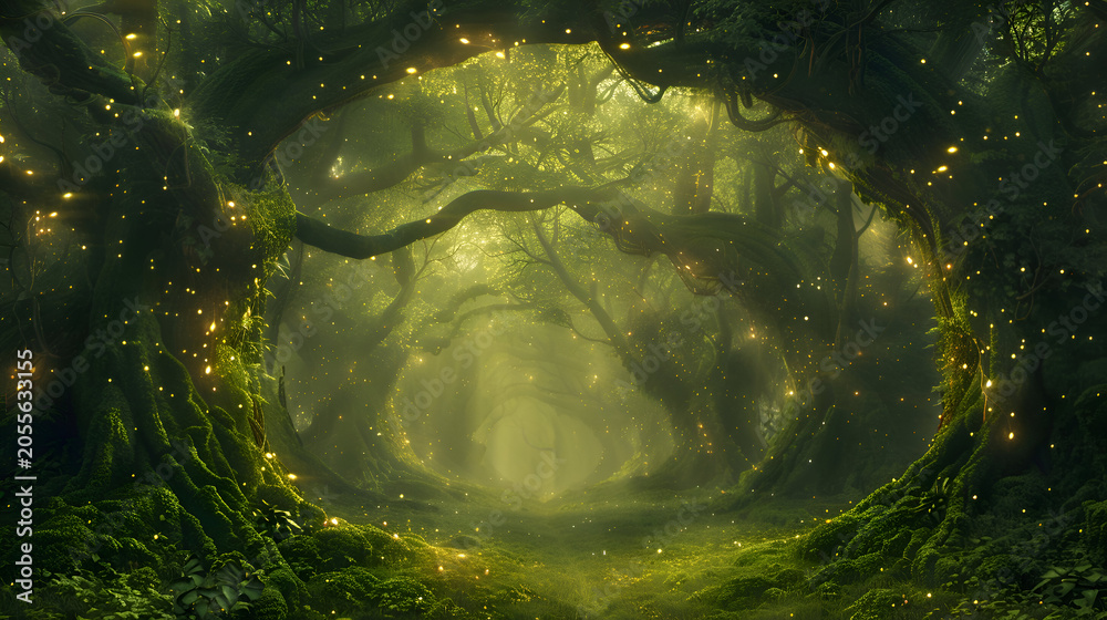 Fototapeta premium Enchanted forest pathway with glowing lights and dense greenery