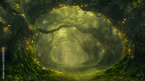 Enchanted forest pathway with glowing lights and dense greenery