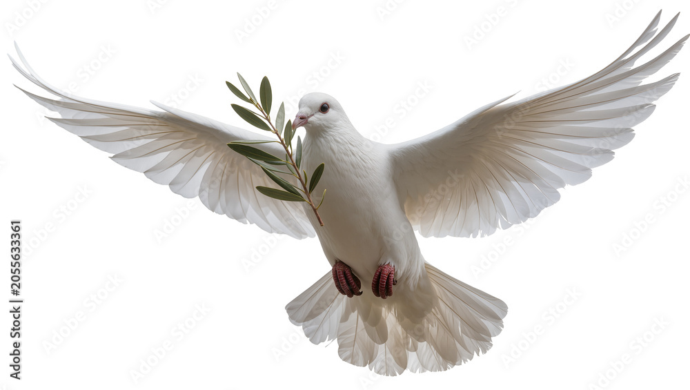 Fototapeta premium White dove with olive branch in beak, isolated on transparent background