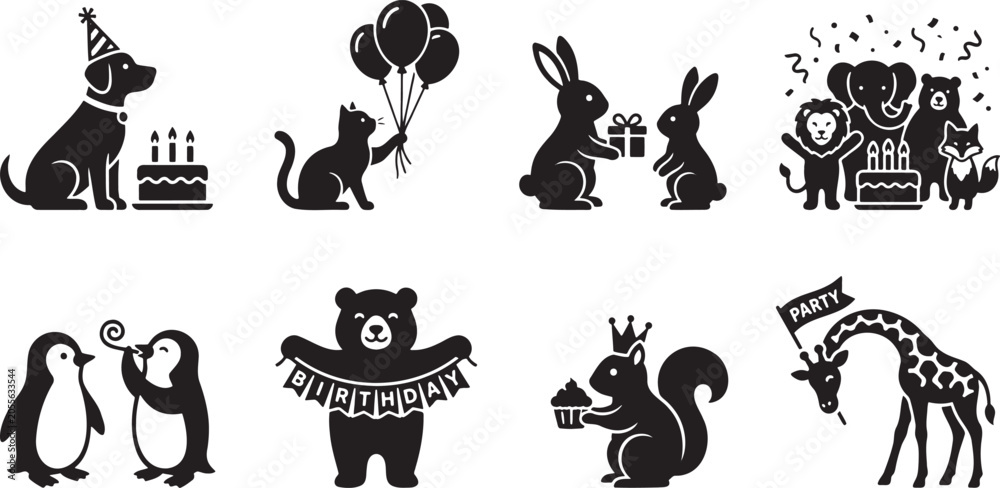Fototapeta premium Happy animal characters celebrating birthday parties with cakes, gifts, and balloons