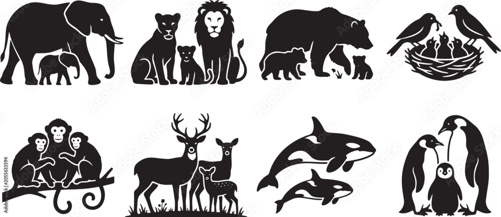 Fototapeta premium Affectionate wild animal families with mothers caring for their newborn babies
