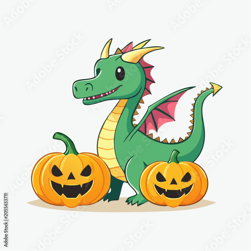 Cute Green Dragon with Halloween Pumpkins