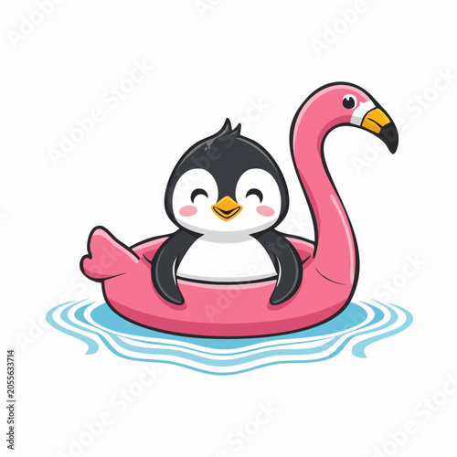 Cute Penguin Floating on Flamingo Pool Float