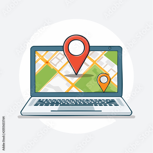 Laptop displaying map with location pins