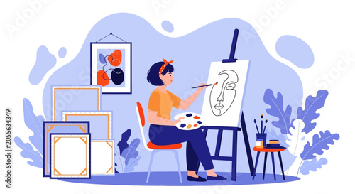 Woman painting on canvas in artistic studio, creative workspace concept