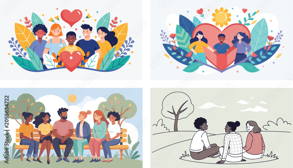 Fototapeta premium Diverse group of people embracing and connecting in colorful heart-shaped frames