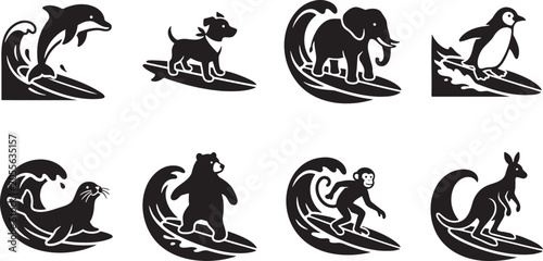 Photography Funny wild animals surfing skillfully on giant curling blue ocean waves