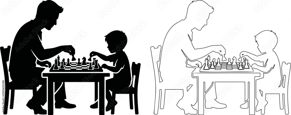 Fototapeta premium Father and child playing chess board game silhouette and line art, strategic thinking concept vector