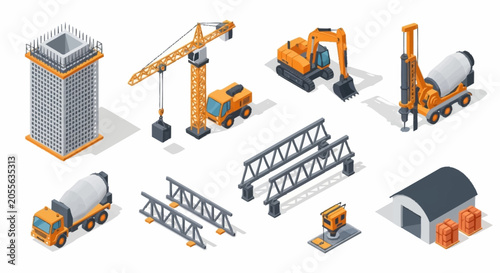 Quadro su tela Isometric construction equipment and building elements collection, including crane, excavator, concrete mixer, and building structures