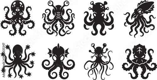 Konstfotografi Terrifying multi tentacled kraken monsters and Cthulhu horror creature badges